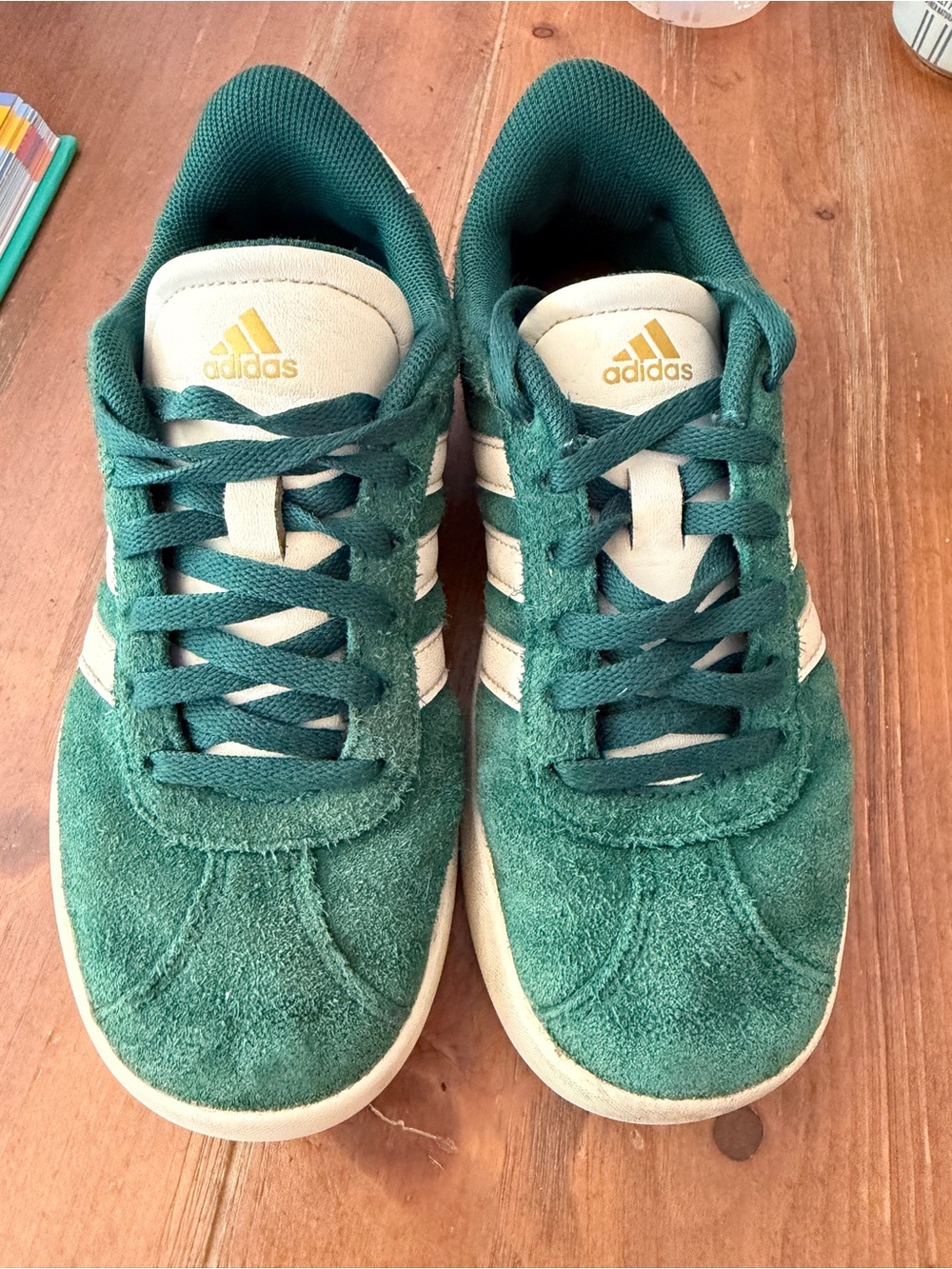 adidas Kids Green Suede Sneakers with Cream Stripes